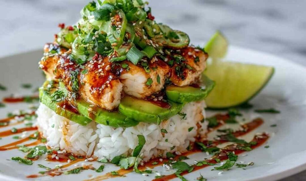 Honey Lime Chicken Avocado Rice Stack in a white bowl with grilled chicken strips, avocado slices, black beans, corn, cilantro, and honey lime dressing