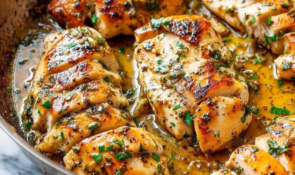 Garlic Butter Chicken breasts in a large skillet coated in rich garlic butter sauce and garnished with fresh parsley