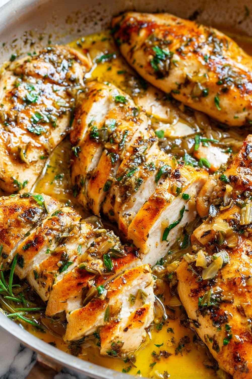 Garlic Butter Chicken breasts in a large skillet coated in rich garlic butter sauce and garnished with fresh parsley