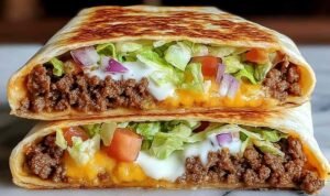 Keto crunchwrap cut in half showing seasoned ground beef, homemade cheese sauce, sour cream, lettuce, and tomato inside a crispy golden low-carb tortilla
