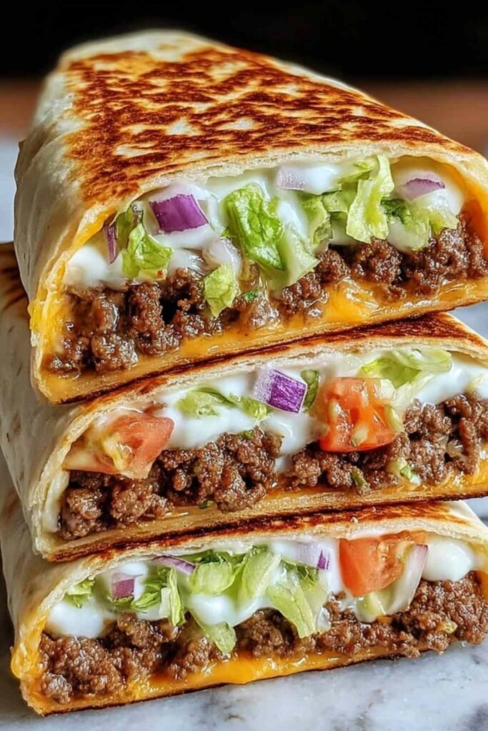 Keto crunchwrap cut in half showing seasoned ground beef, homemade cheese sauce, sour cream, lettuce, and tomato inside a crispy golden low-carb tortilla