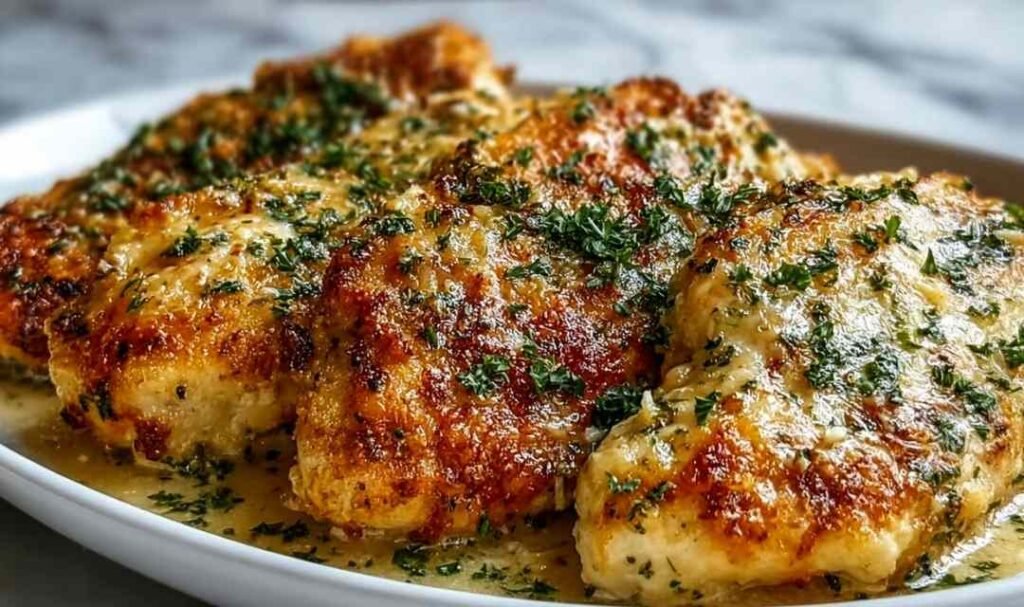Four golden crispy keto garlic parmesan chicken breasts on a parchment-lined baking sheet fresh from the oven