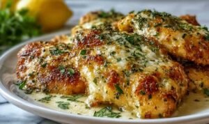 Four golden crispy keto garlic parmesan chicken breasts on a parchment-lined baking sheet fresh from the oven