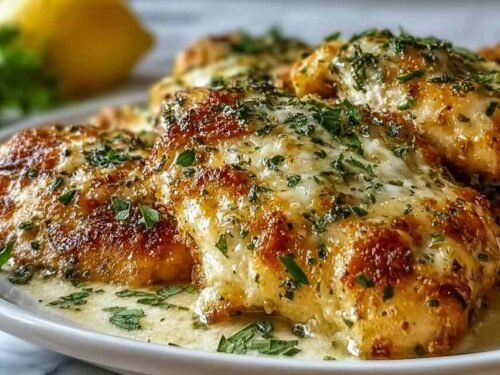 Four golden crispy keto garlic parmesan chicken breasts on a parchment-lined baking sheet fresh from the oven