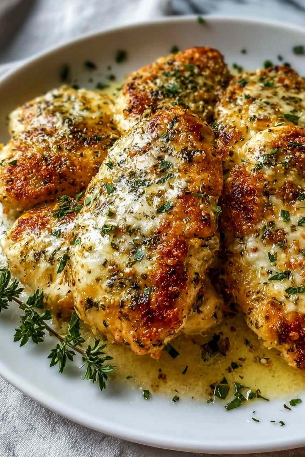 Four golden crispy keto garlic parmesan chicken breasts on a parchment-lined baking sheet fresh from the oven