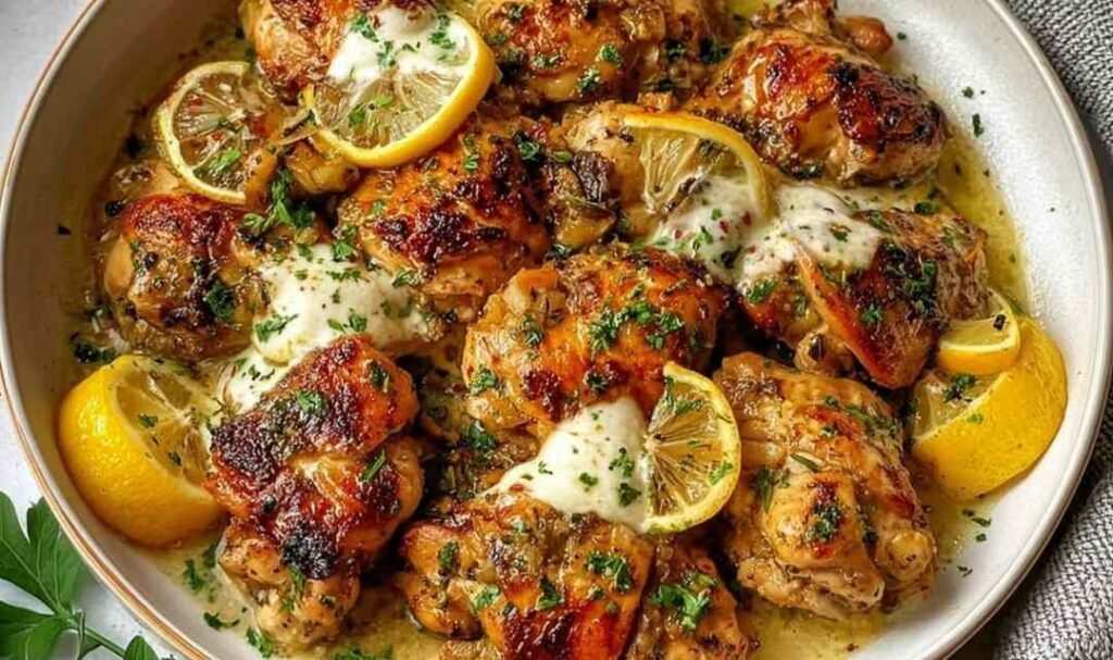 Lebanese Lemon Garlic Chicken served on a platter with creamy lemon garlic yogurt sauce, lemon wedges, and warm Lebanese bread