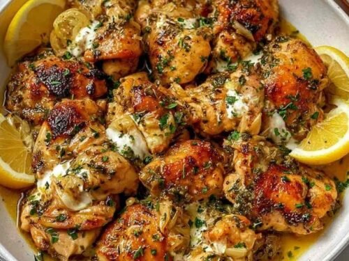 Lebanese Lemon Garlic Chicken served on a platter with creamy lemon garlic yogurt sauce, lemon wedges, and warm Lebanese bread