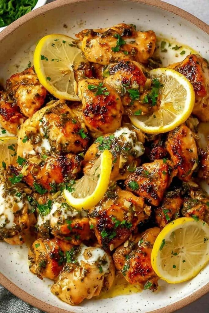 Lebanese Lemon Garlic Chicken served on a platter with creamy lemon garlic yogurt sauce, lemon wedges, and warm Lebanese bread