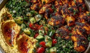 Lemon chili grilled chicken bowl with creamy hummus base, fresh cucumber salad, and chopped parsley on a white plate