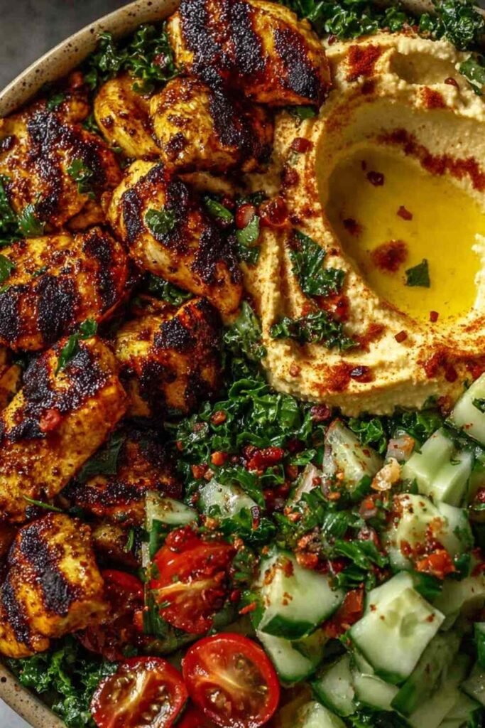 Lemon chili grilled chicken bowl with creamy hummus base, fresh cucumber salad, and chopped parsley on a white plate