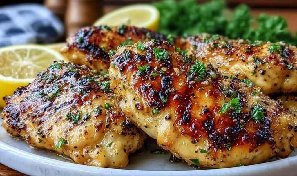 Crispy lemon pepper air fryer chicken thighs served on a white plate with fresh lemon wedges