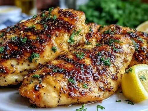 Crispy lemon pepper air fryer chicken thighs served on a white plate with fresh lemon wedges