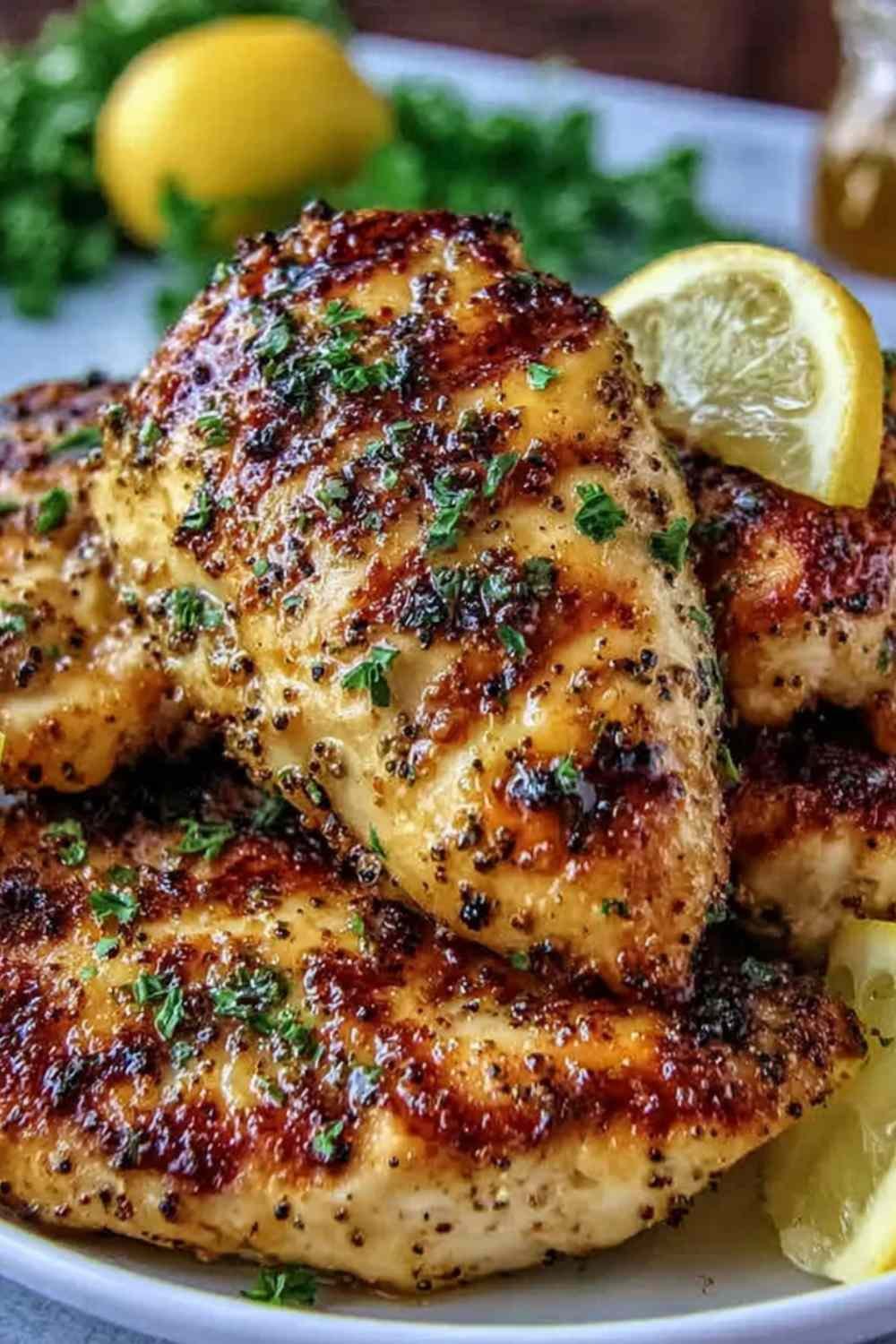 Crispy lemon pepper air fryer chicken thighs served on a white plate with fresh lemon wedges