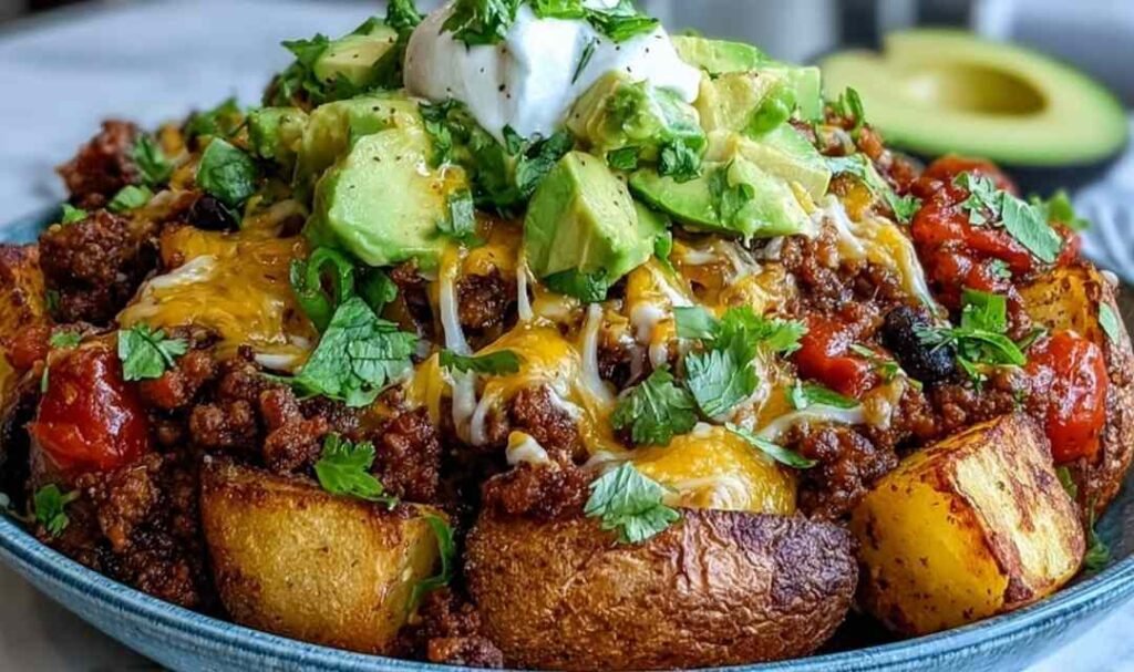 Loaded Potato Taco Bowl with crispy roasted potatoes, ground beef, black beans, cheddar cheese, avocado, and cherry tomatoes