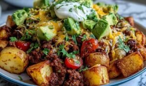 Loaded Potato Taco Bowl Loaded Potato Taco Bowl with crispy roasted potatoes, ground beef, black beans, cheddar cheese, avocado, and cherry tomatoes