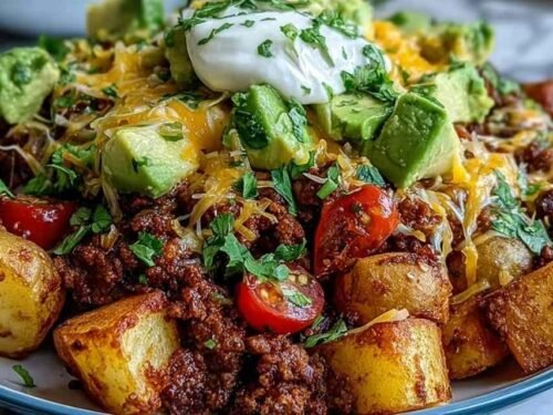 Loaded Potato Taco Bowl with crispy roasted potatoes, ground beef, black beans, cheddar cheese, avocado, and cherry tomatoes