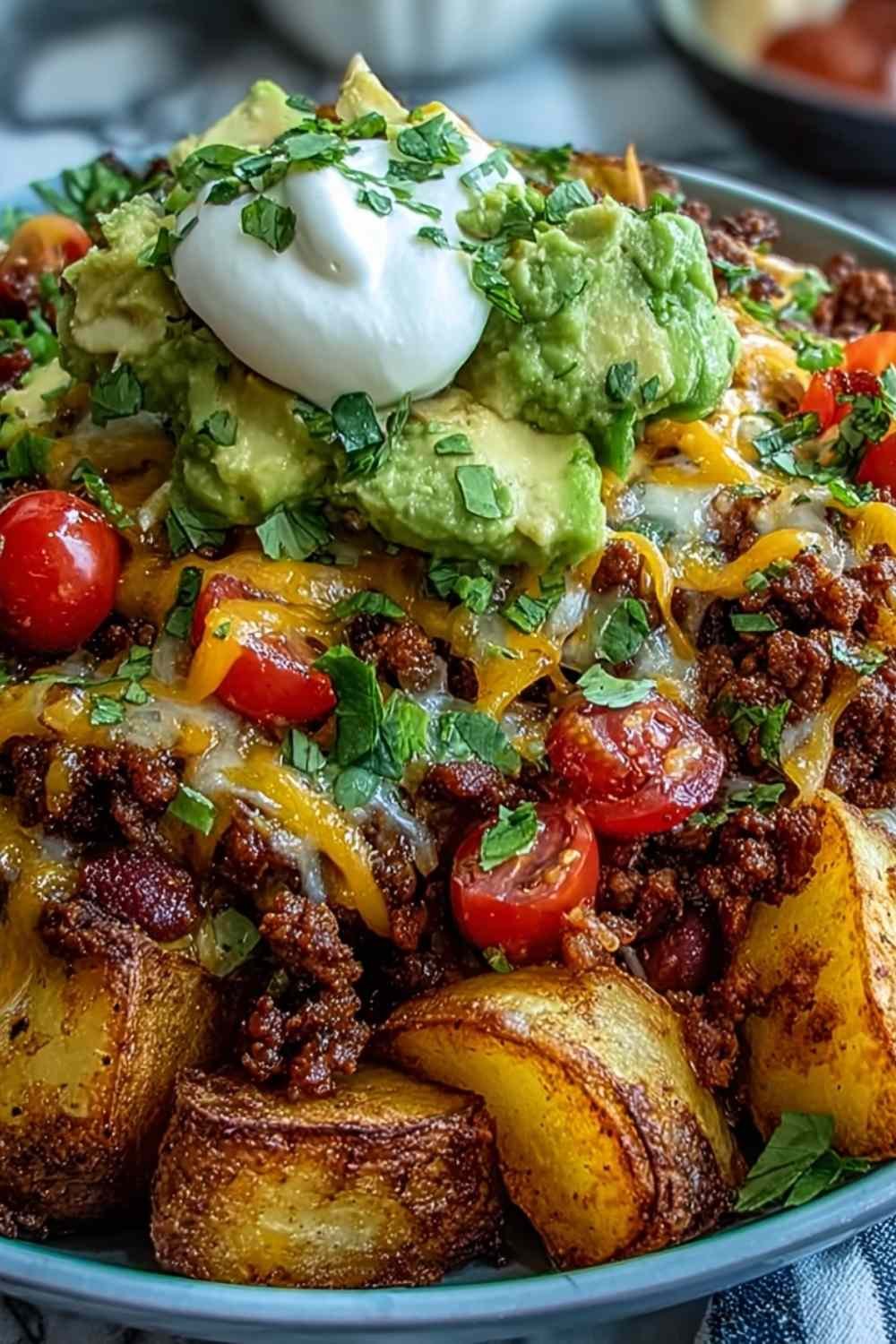 Loaded Potato Taco Bowl with crispy roasted potatoes, ground beef, black beans, cheddar cheese, avocado, and cherry tomatoes