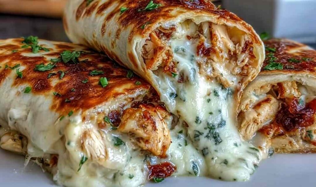 Low carb cheesy garlic chicken wraps sliced diagonally on a plate showing melted mozzarella and cheddar filling with fresh parsley garnish
