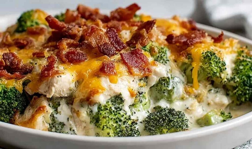 Creamy low carb chicken casserole with broccoli and bacon in a 9x13 baking dish with golden melted cheddar and mozzarella on top