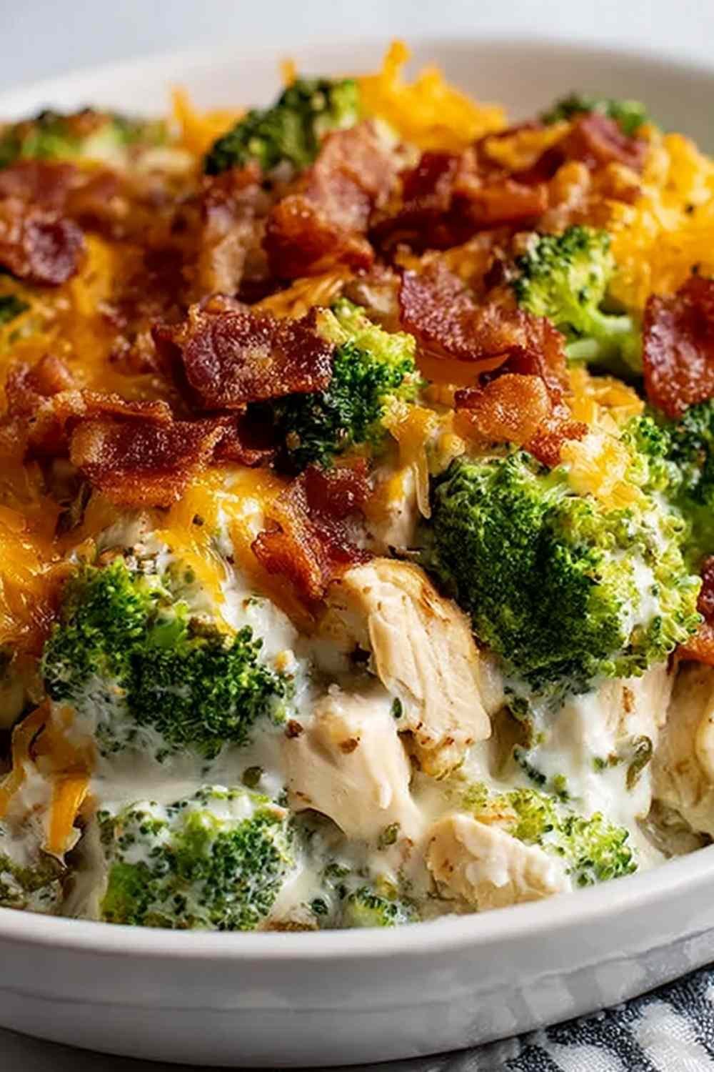 Creamy low carb chicken casserole with broccoli and bacon in a 9x13 baking dish with golden melted cheddar and mozzarella on top