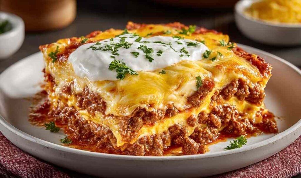 Freshly baked Egglife Lasagna with golden bubbly mozzarella in an 8x8 baking dish