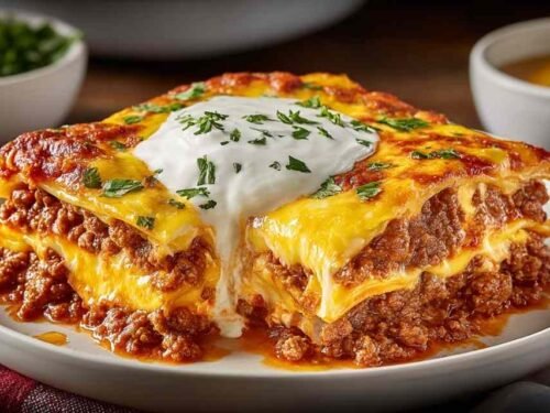 Freshly baked Egglife Lasagna with golden bubbly mozzarella in an 8x8 baking dish