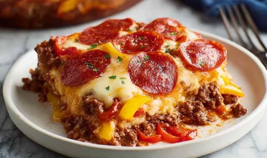 Low carb pizza casserole with melted mozzarella and pepperoni fresh out of the oven