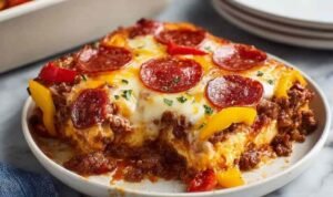 Low carb pizza casserole with melted mozzarella and pepperoni fresh out of the oven