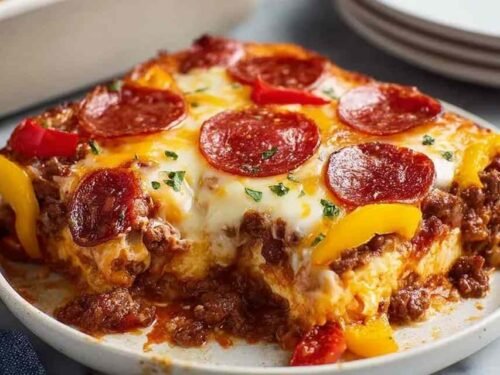 Low carb pizza casserole with melted mozzarella and pepperoni fresh out of the oven