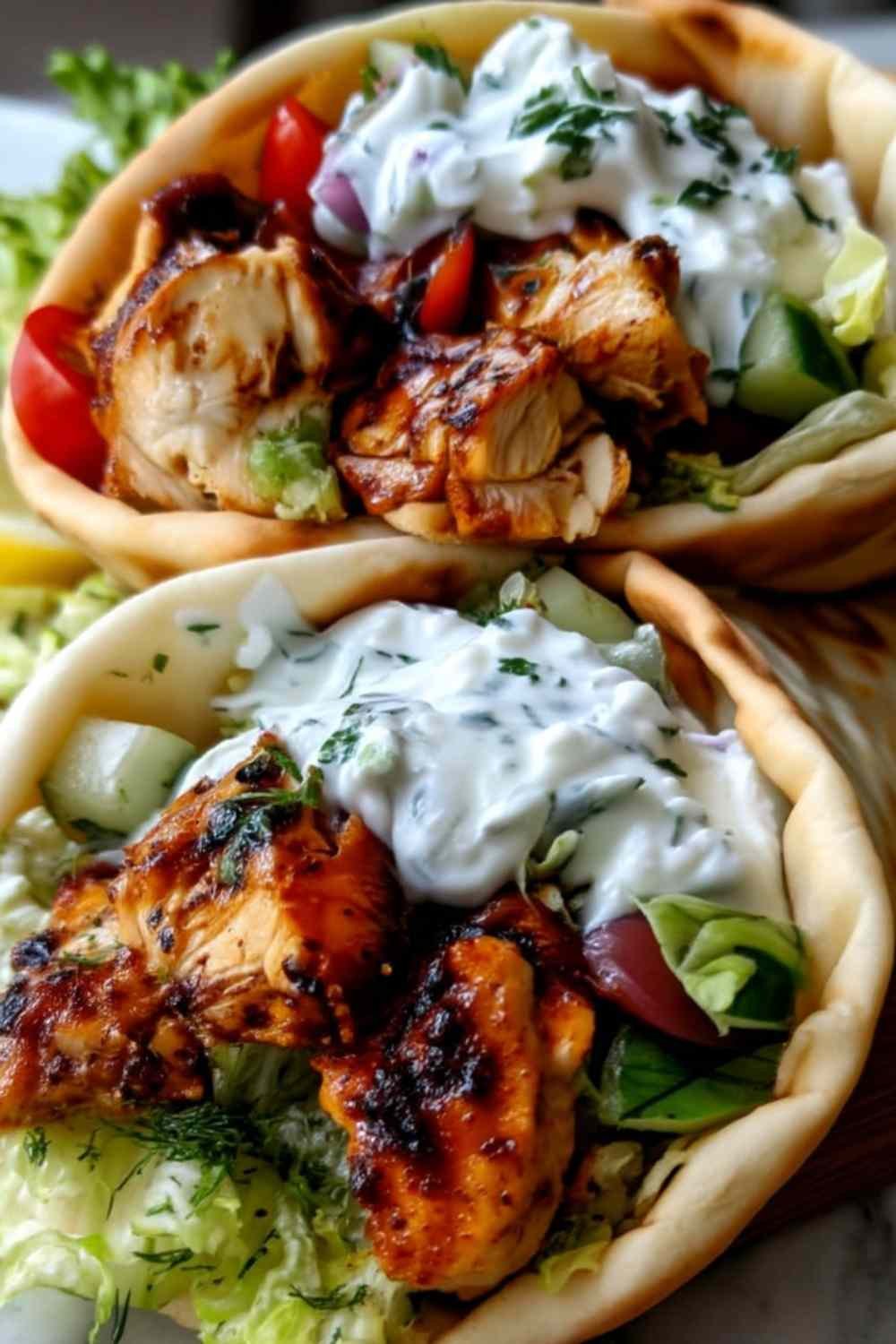 Greek Chicken Wraps with Garlic Yogurt Sauce on a wooden serving board with fresh parsley and creamy garlic yogurt drizzle