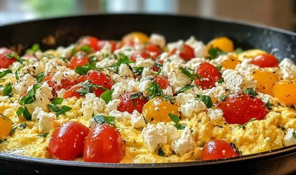 Mediterranean Scrambled Eggs in a non-stick skillet topped with crumbled feta, cherry tomatoes, diced bell peppers, and fresh parsley