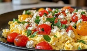 Mediterranean Scrambled Eggs in a non-stick skillet topped with crumbled feta, cherry tomatoes, diced bell peppers, and fresh parsley