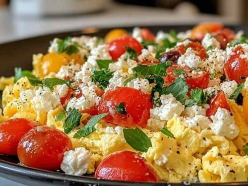 Mediterranean Scrambled Eggs in a non-stick skillet topped with crumbled feta, cherry tomatoes, diced bell peppers, and fresh parsley