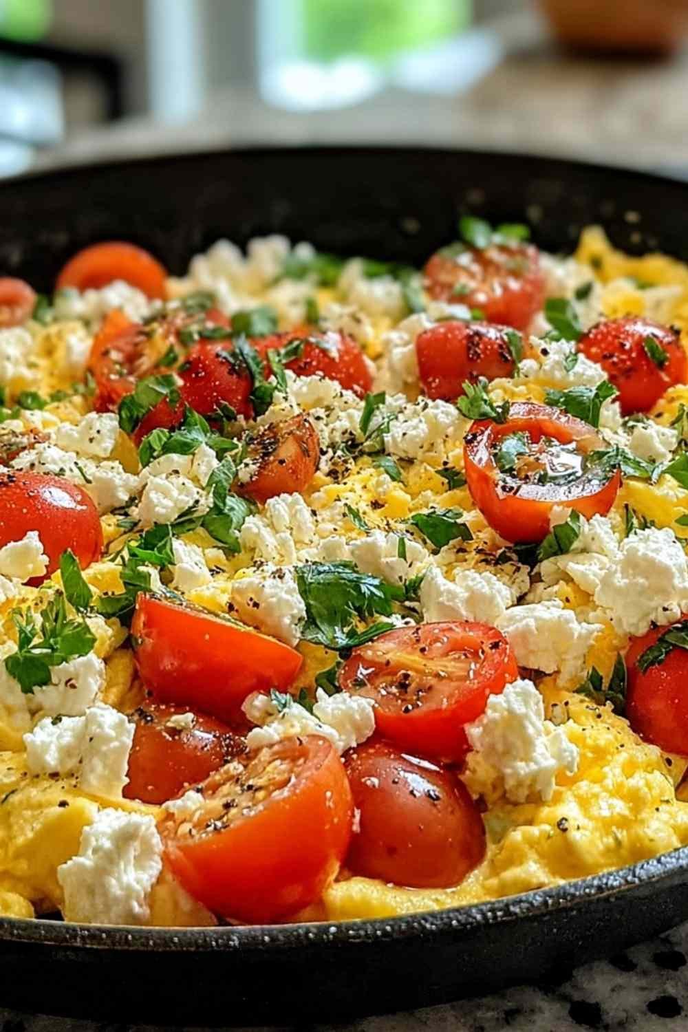 Mediterranean Scrambled Eggs in a non-stick skillet topped with crumbled feta, cherry tomatoes, diced bell peppers, and fresh parsley