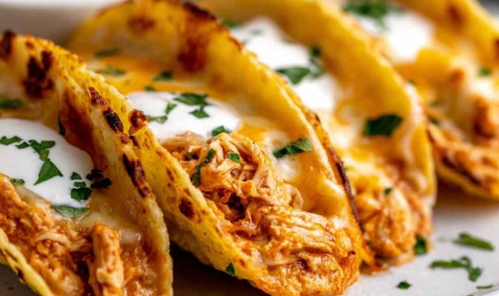 Mini baked chicken tacos arranged in a white baking dish with melted cheese and crispy corn tortilla edges