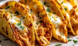 Mini baked chicken tacos arranged in a white baking dish with melted cheese and crispy corn tortilla edges