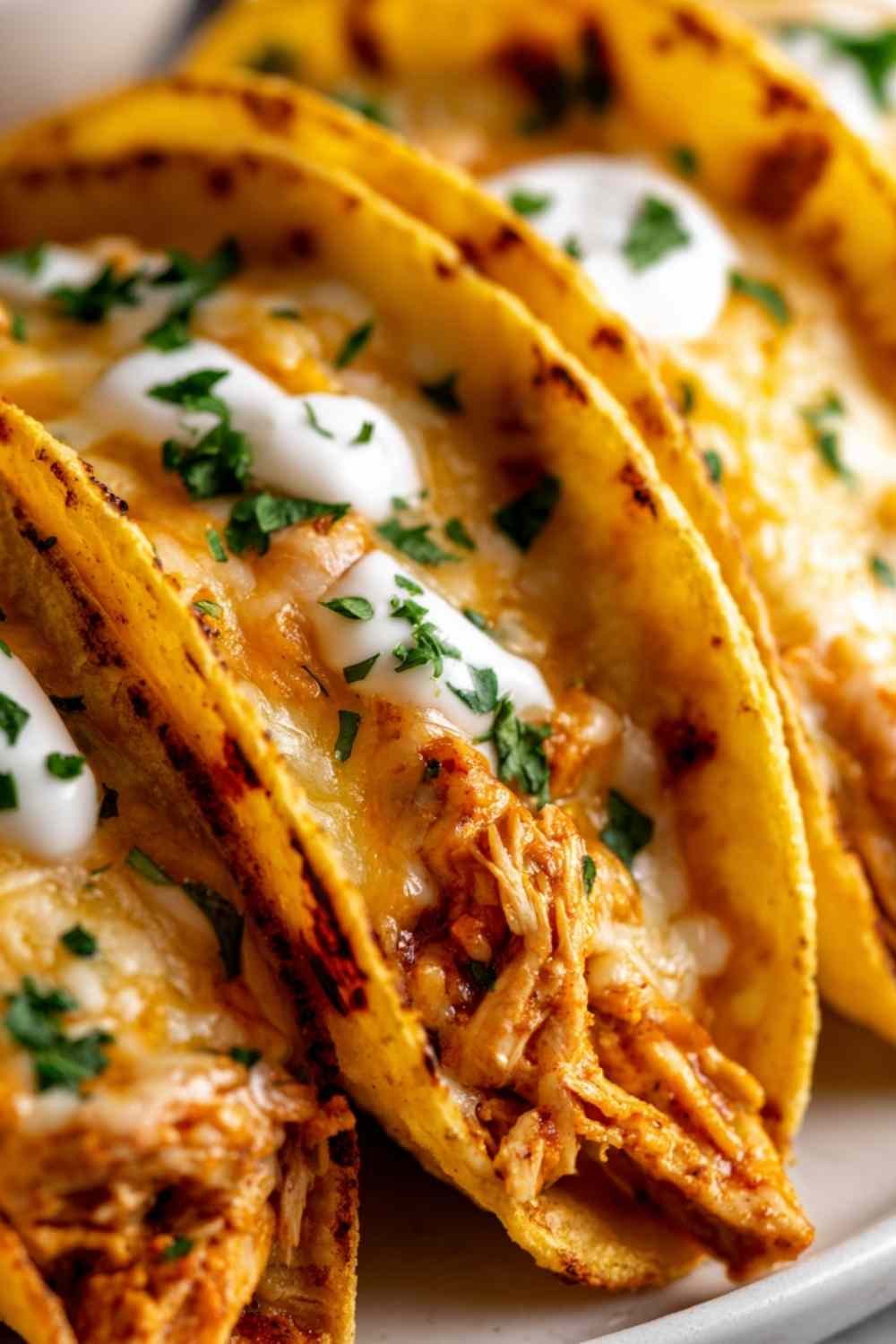 Mini baked chicken tacos arranged in a white baking dish with melted cheese and crispy corn tortilla edges