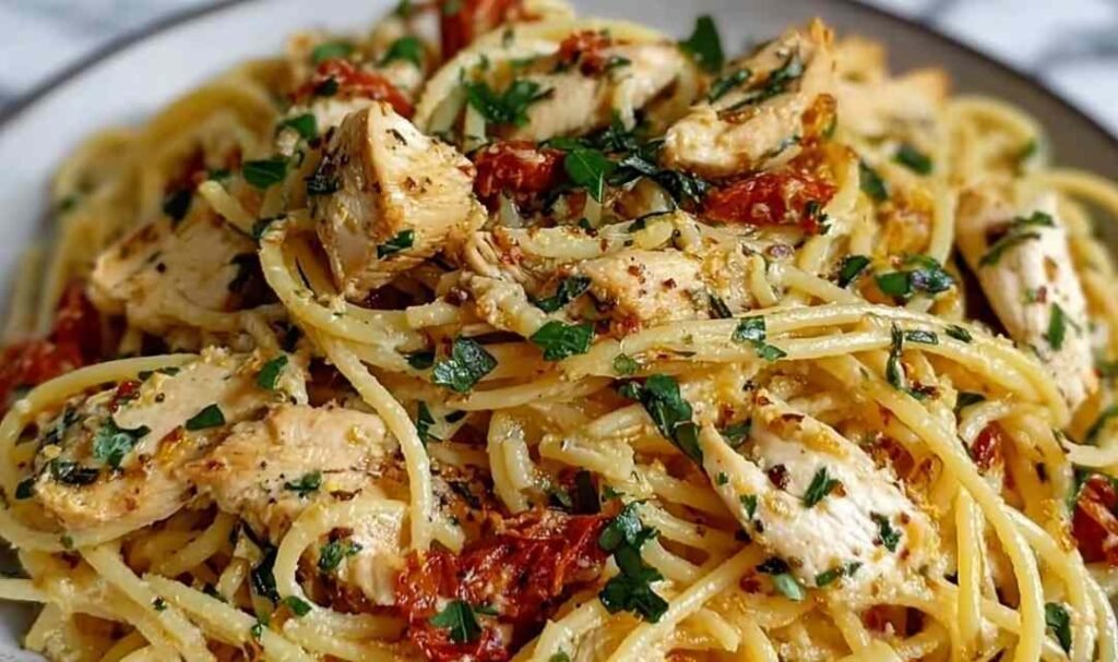 One-pan Monterey chicken spaghetti with melted Monterey Jack cheese and fresh parsley garnish