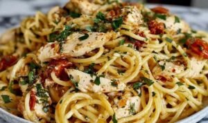 Monterey Chicken Spaghetti One-pan Monterey chicken spaghetti with melted Monterey Jack cheese and fresh parsley garnish