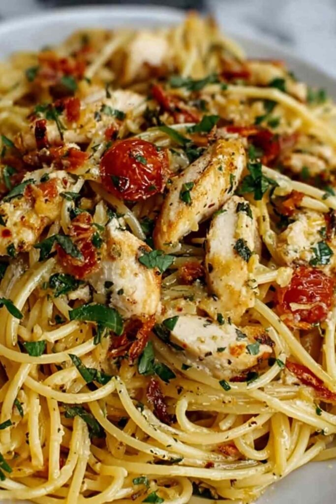 One-pan Monterey chicken spaghetti with melted Monterey Jack cheese and fresh parsley garnish