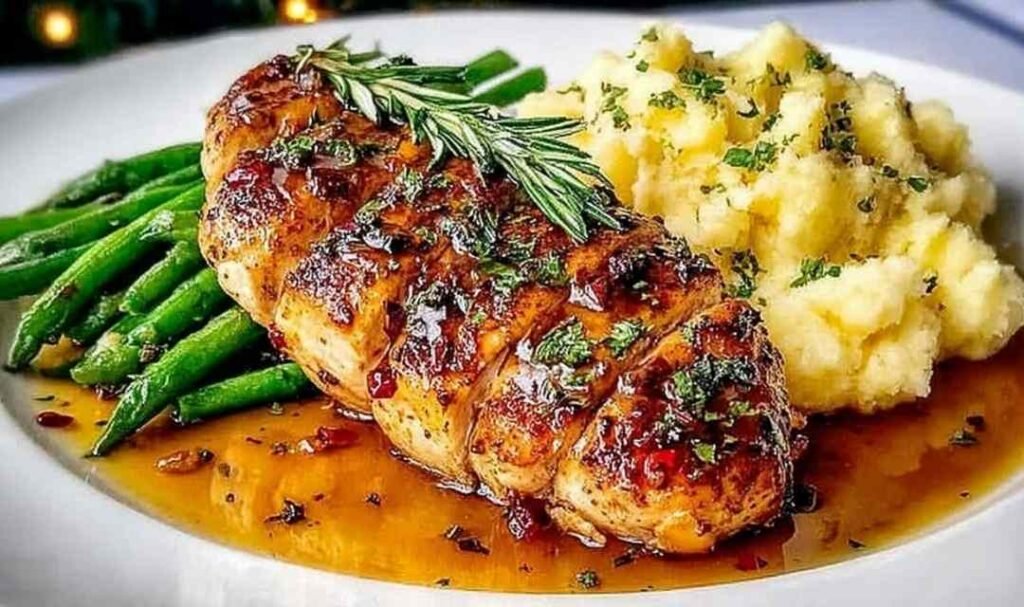 Morton's Chicken Christopher served on a white plate with silky garlic butter cream sauce and fresh parsley