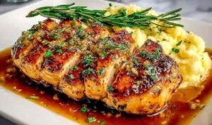 Morton's Chicken Christopher served on a white plate with silky garlic butter cream sauce and fresh parsley