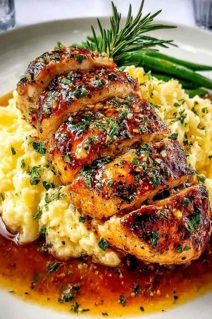 Morton's Chicken Christopher served on a white plate with silky garlic butter cream sauce and fresh parsley