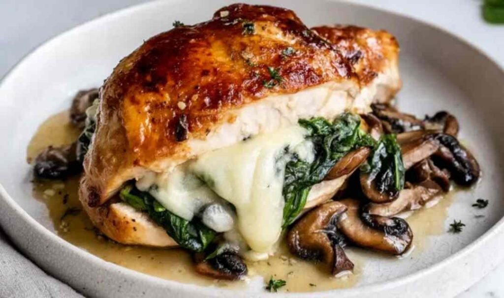 Juicy mushroom stuffed chicken breast sliced open showing cheesy mushroom spinach filling on a white plate