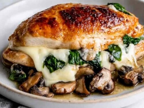 Juicy mushroom stuffed chicken breast sliced open showing cheesy mushroom spinach filling on a white plate