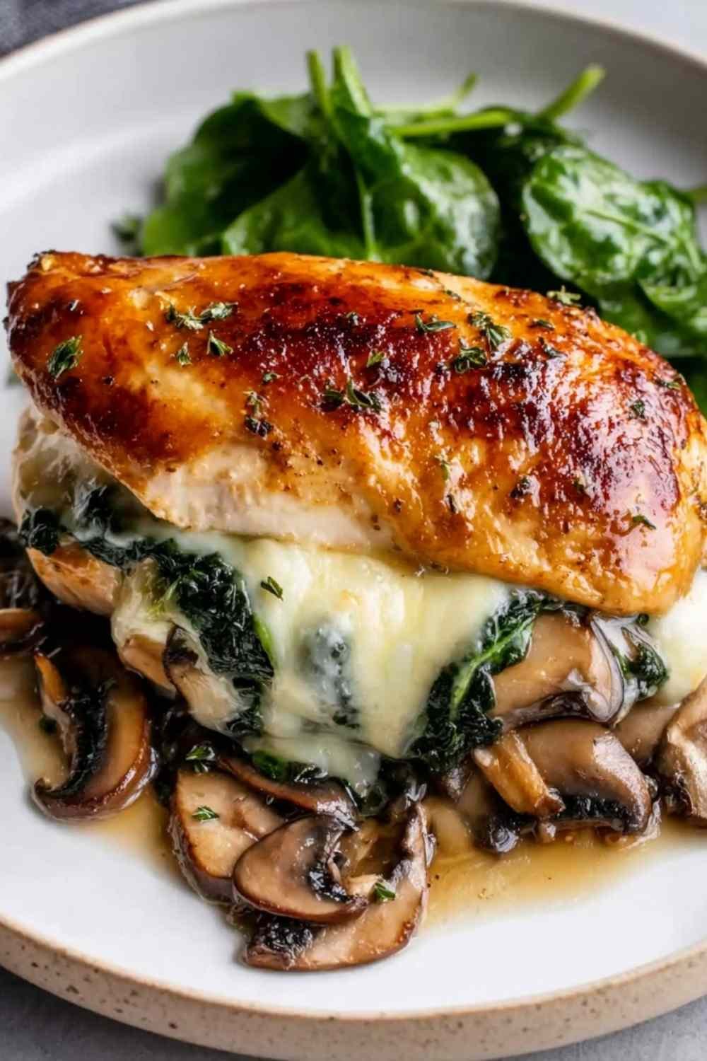 Juicy mushroom stuffed chicken breast sliced open showing cheesy mushroom spinach filling on a white plate