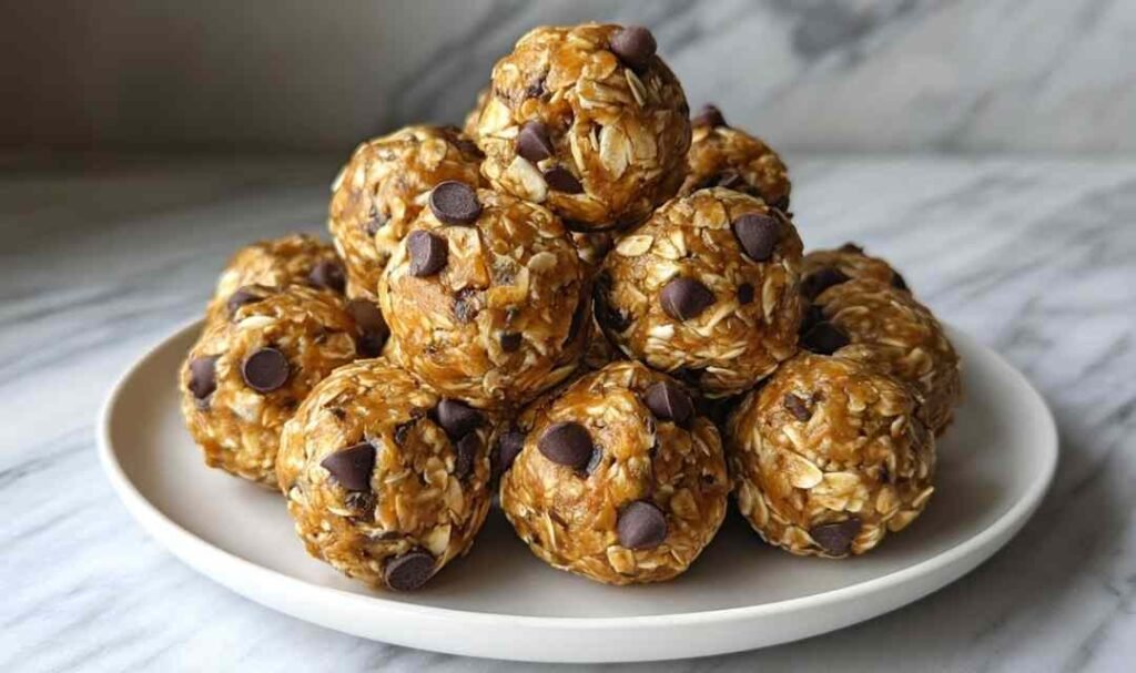 No-Bake Peanut Butter Energy Bites arranged on a white plate with mini chocolate chips scattered around
