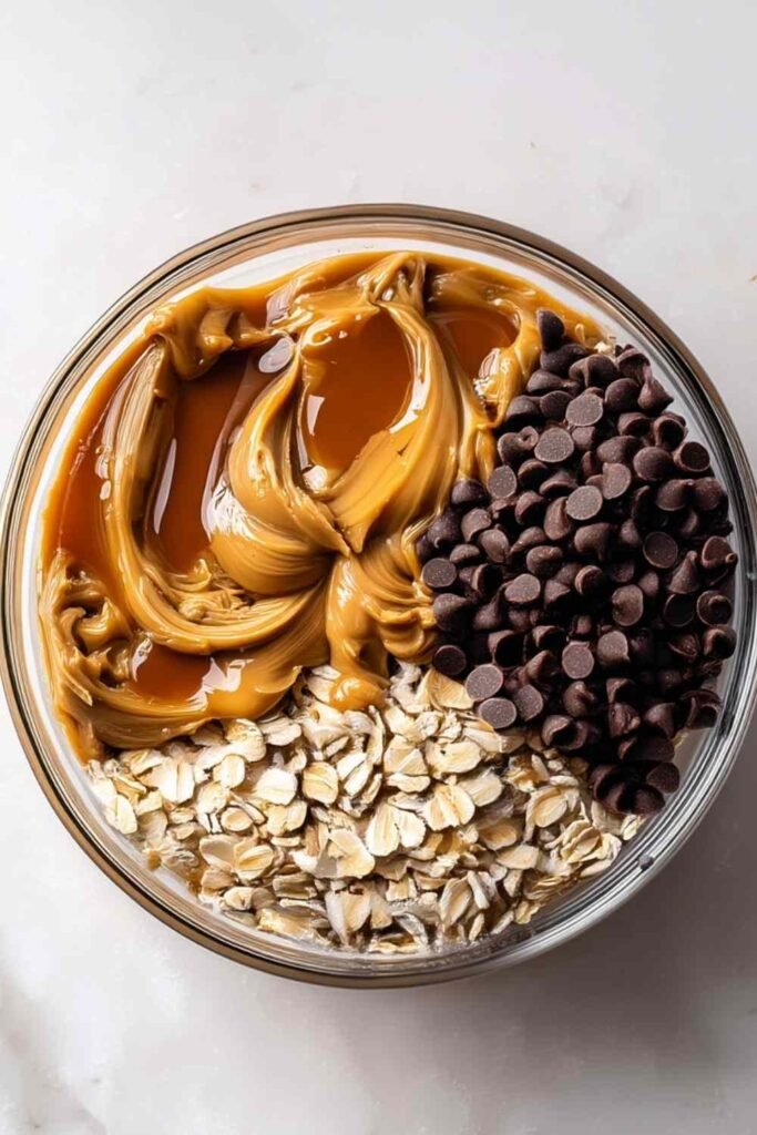 No-Bake Peanut Butter Energy Bites arranged on a white plate with mini chocolate chips scattered around