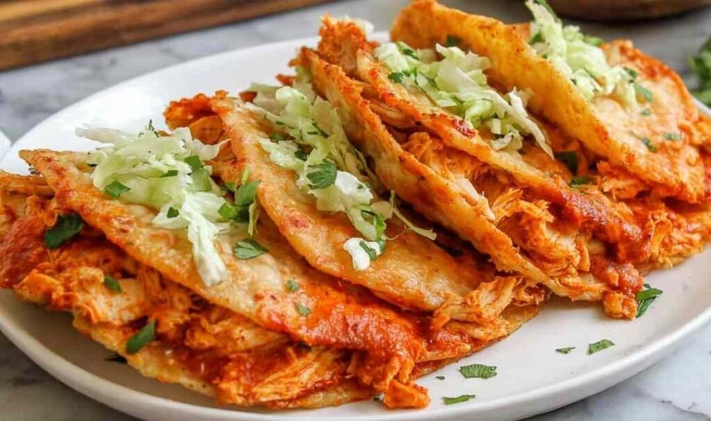 Crispy baked chicken tacos golden brown on a parchment lined baking sheet fresh out of the oven Crispy baked chicken tacos golden brown on a parchment lined baking sheet fresh out of the oven