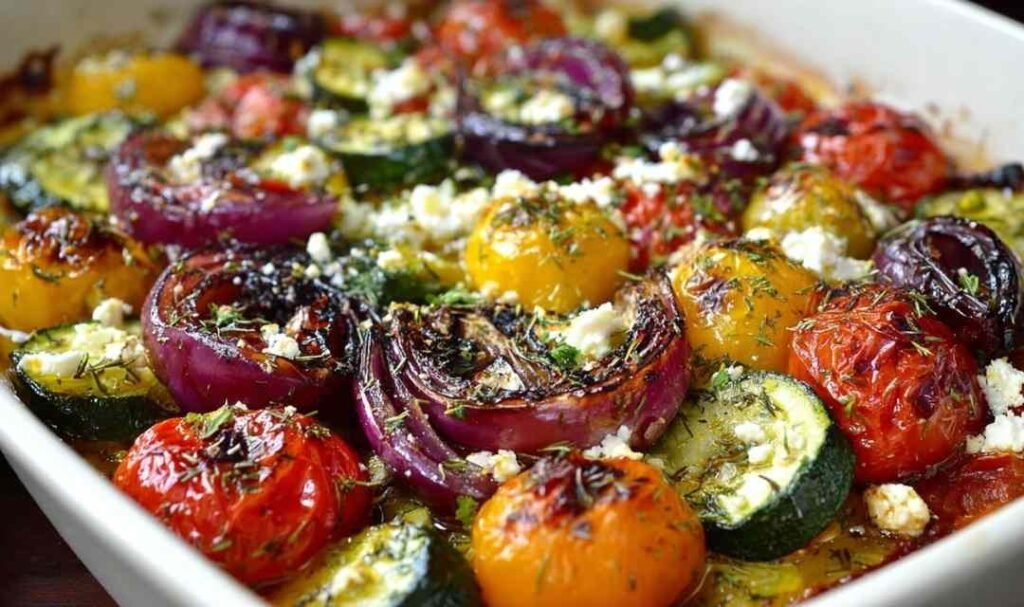 One pan Greek vegetables with roasted bell peppers, zucchini, burst cherry tomatoes, Kalamata olives, and crumbled feta on a sheet pan